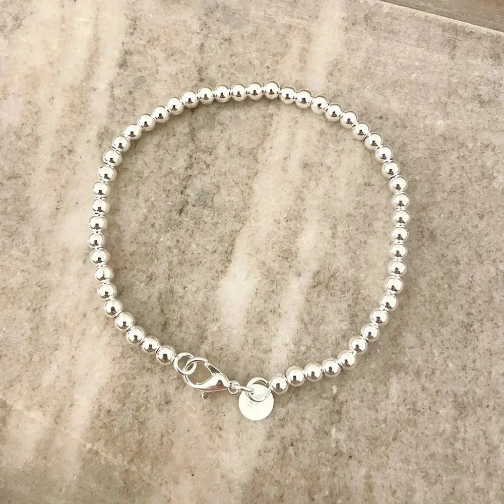 925 Sterling Silver Bead Bracelet 4 mm Ball Bracelet Small Round Bead Bracelet - Picture 3 of 5